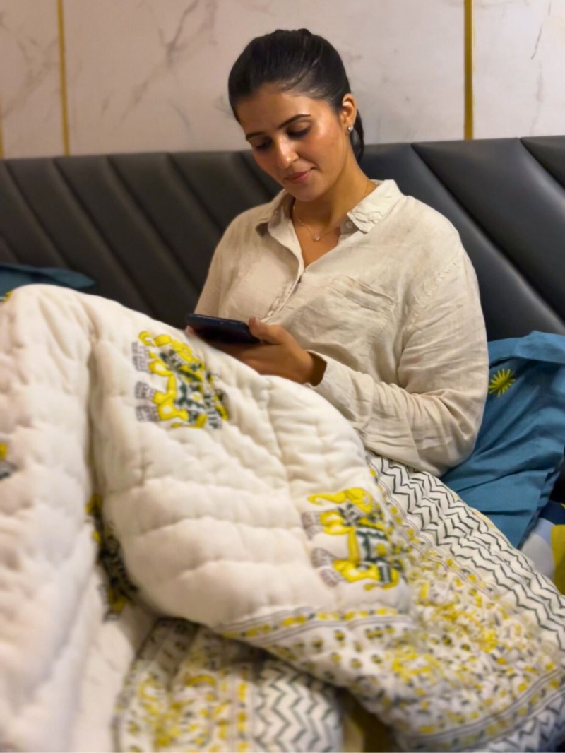 Elephant Quilt (Razai) – Yellow & Green Jaipuri Cotton Quilt